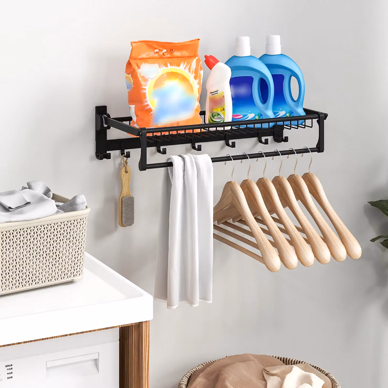 Costway Foldable Wall Mounted Bathroom Towel Rack with Adjustable Bar and Hooks, Black, W: 104 cm, H: 119 cm – 4