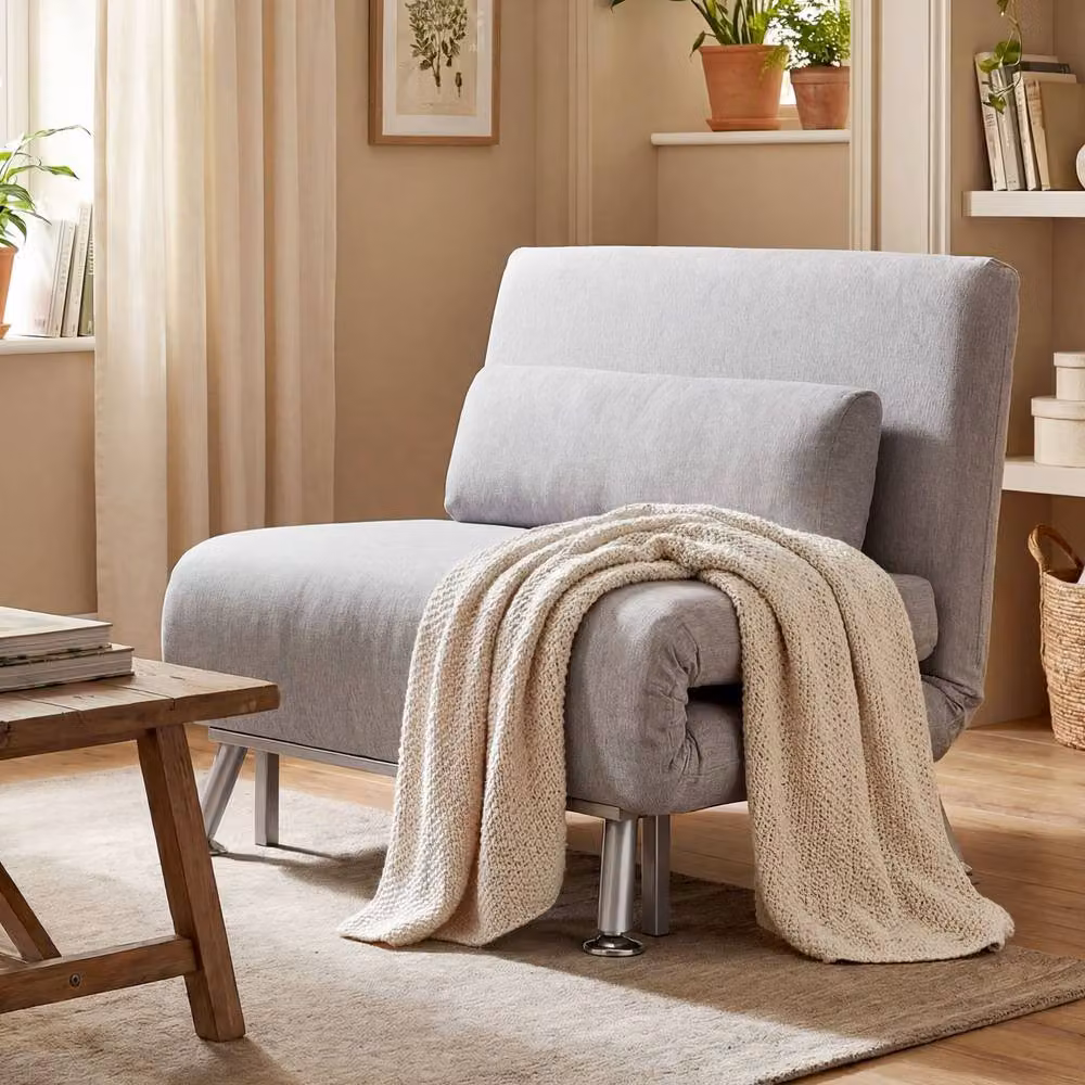 STILVORA Grey Linen Chair Bed with Removable Pillow and Metal Frame – 3