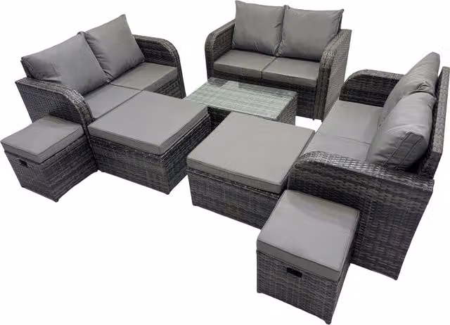 Fimous 10 Seater Modern Rattan Garden Furniture Set in Dark Grey with U-Shape Sofa, Coffee Table and Ottoman