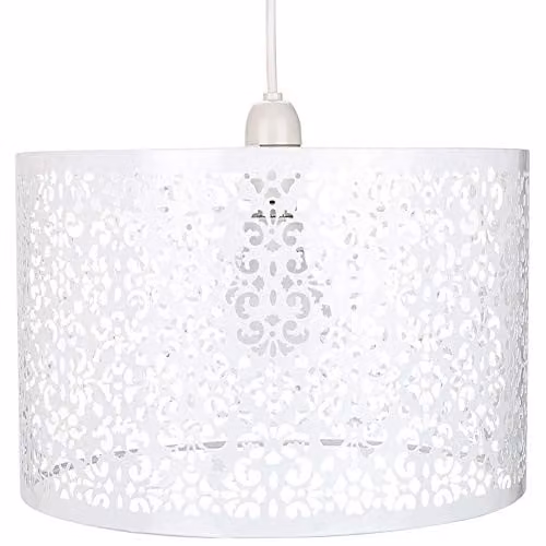 Happy Homewares Moroccan Designed White Metal Circular Pendant Light Shade with Floral Decor, Diameter: 40 cm