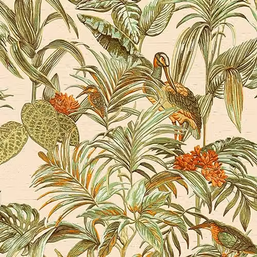 Design ID Wallstitch Bird of Paradise Botanical Floral Wallpaper in Green, Orange and Gold (DE120013) – 1