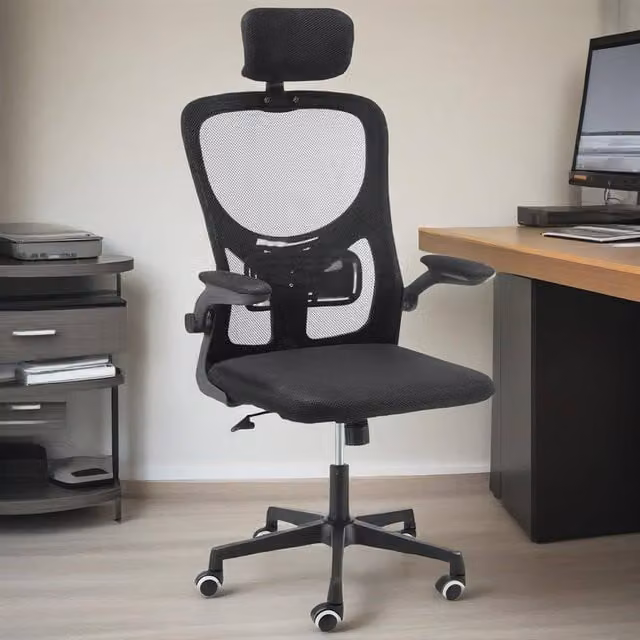 Ventryn Ergonomic Mesh Office Chair with Headrest and Armrests, Black Fabric, 360 Degree Swivel