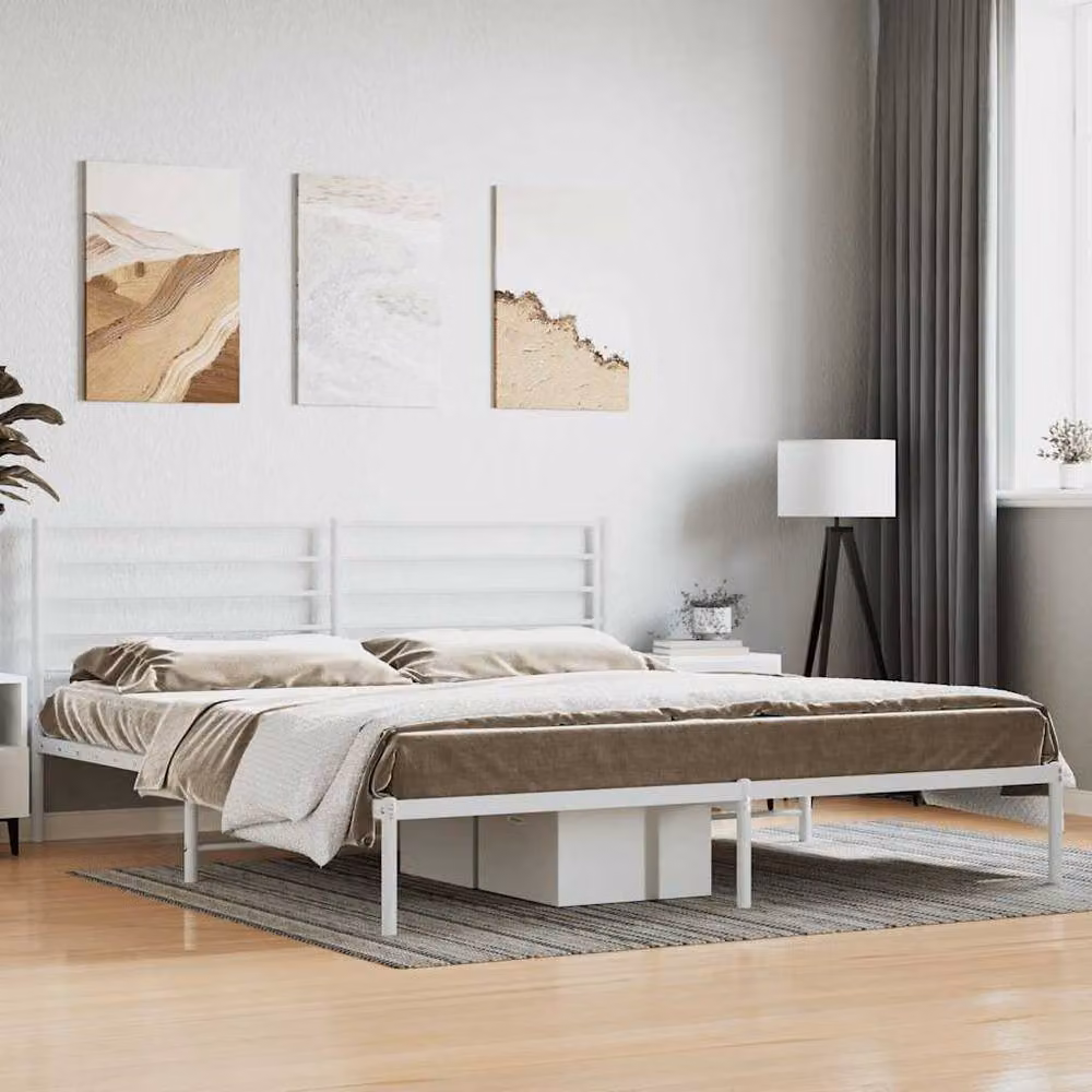 Berkfield Home Metal Bed Frame with Headboard in White, W/D/H: 200 x 200 x 90 cm – 2
