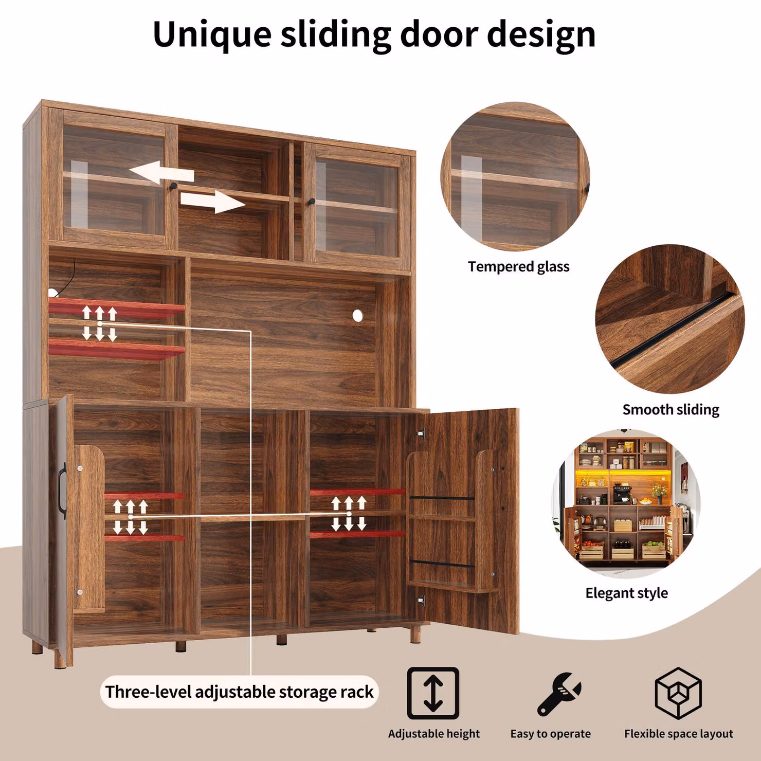 Aosom UK Walnut Brown Tall Cabinet with Silent Sliding Toughened Glass Doors and LED Lighting, W: 40 cm, D: 140 cm, H: 185 cm – 4