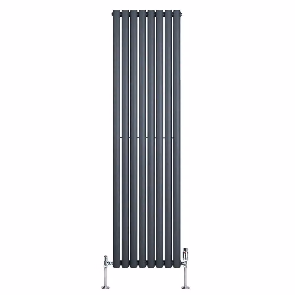 Monstershop Oval Single Column Steel Radiator and Valves with Thermostat Head, Anthracite Grey, H: 180 cm, W: 48 cm – 2