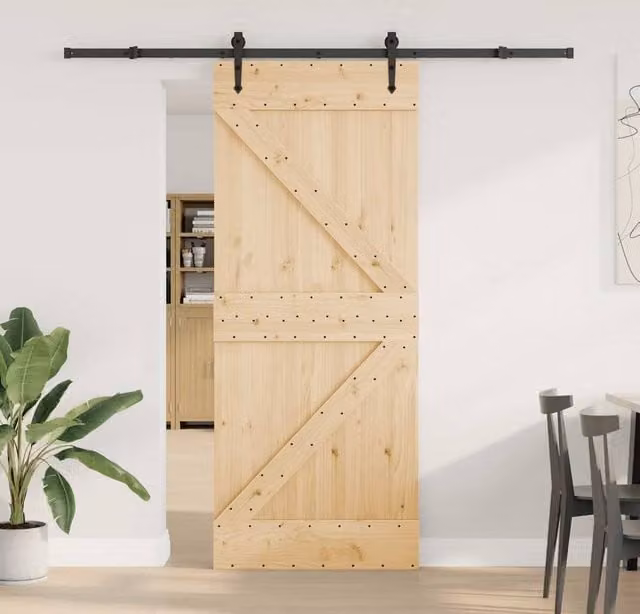 Berkfield Home Rustic Solid Wood Pine Sliding Door with Hardware Set, Natural, W: 85 cm, H: 210 cm – 1