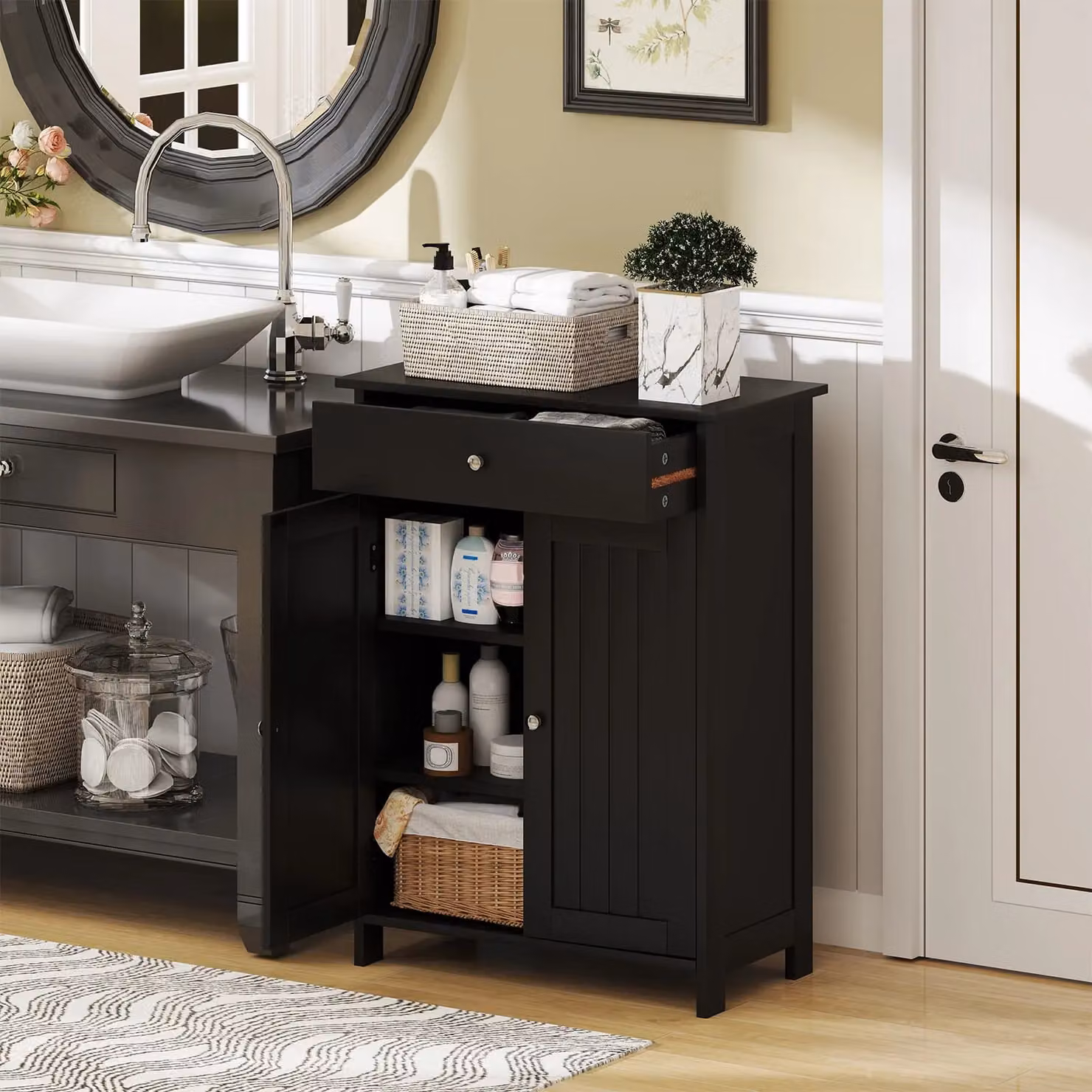 Gymax Black Freestanding Bathroom Floor Cabinet with 2 Hinged Doors and Internal Shelves – 9