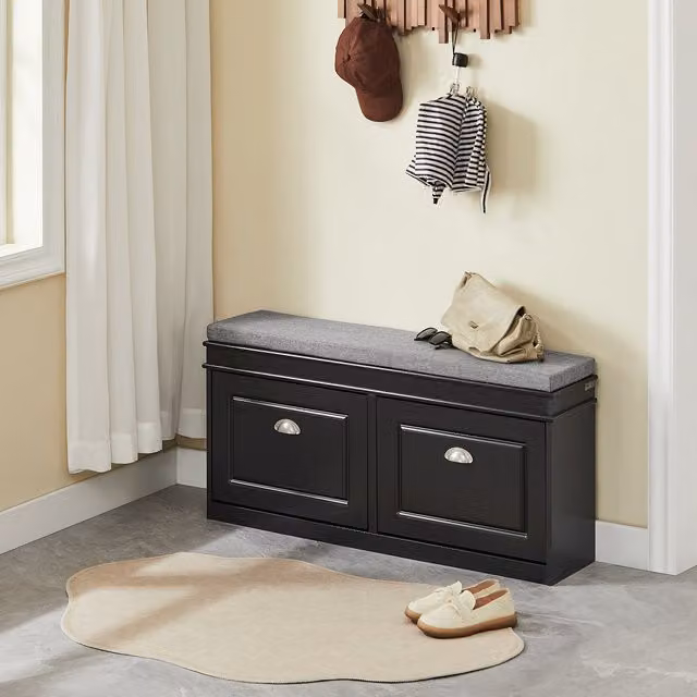 SoBuy Modern Black Shoe Bench Rack with Flip Drawer and Upholstered Frame