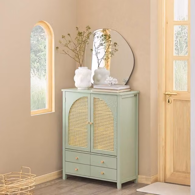 SoBuy Modern Space-Saver Entrance Cabinet with Rattan-Panel Hinged Doors and Internal Drawers in Green – 1