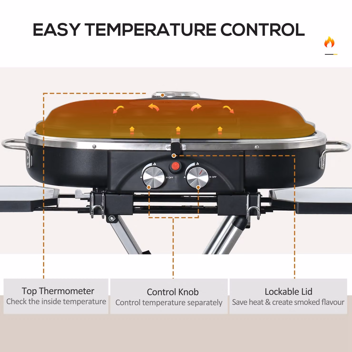 Outsunny 2 Burner Foldable Gas BBQ Grill Trolley in Black with Lid, Side Shelves, Piezo Ignition and Thermometer – 4