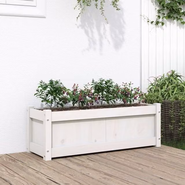 Berkfield Home White Solid Wood Pine Garden Planter Tub W: 90 cm, D: 31 cm, H: 31 cm