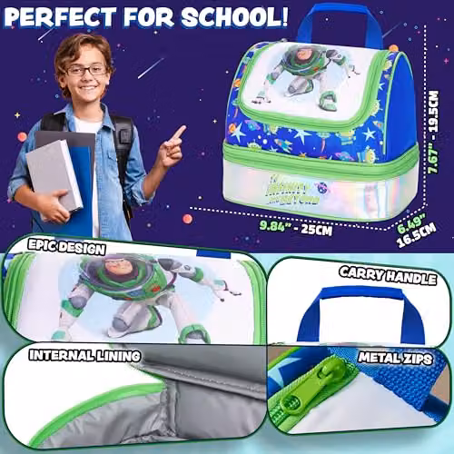 Disney Toy Story Buzz Lightyear Insulated Kids Lunch Bag with Dual Compartments in Green and Multicolour – 6
