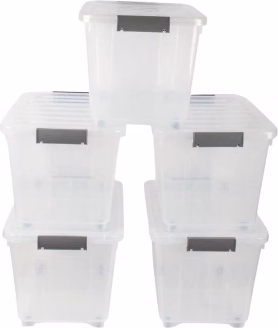 SPETLEK Pack of 5 Clear Plastic Storage Boxes with Wheels, 44L Capacity