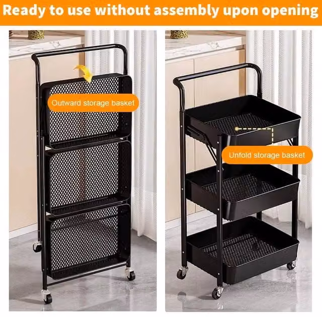 EONLION Black 3 Tier Metal Folding Trolley Cart Rolling Storage Rack W: 50 cm, D: 20 cm, H: 50 cm