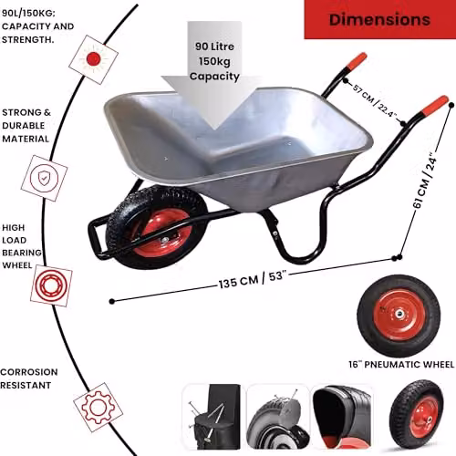 Samuel Alexander Heavy Duty Galvanised Metal Garden Wheelbarrow with Pneumatic Tyre, Silver, 90 Litre, 150kg Capacity, W/D/H: 61.0 x 57.0 x 23.0 cm – 2