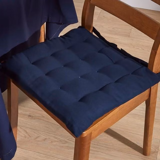 Homescapes Solid Blue Cotton Square Seat Pad with Button Straps, Pack of 4