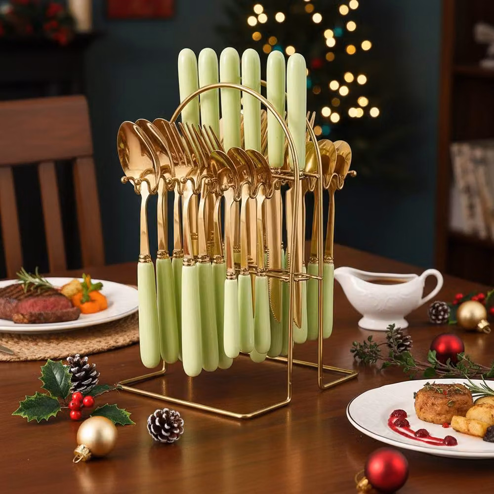 Living and Home 24-Piece Polished Stainless Steel Cutlery Set with Ceramic Storage Case in Green and Gold – 6