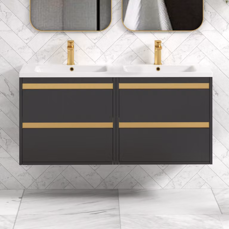 Royal Bathrooms Orion 1200 Matt Obsidian Black 4 Drawer Wall Hung Vanity Unit with Ceramic Basin and Brushed Brass Accent Trim