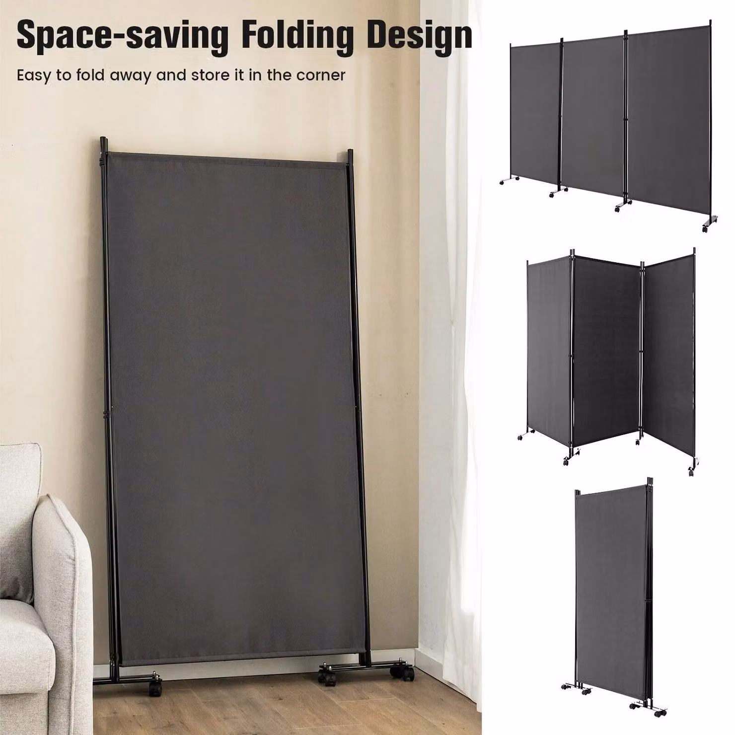 Costway 3 Panel Rolling Room Divider Privacy Screen in Grey – 5