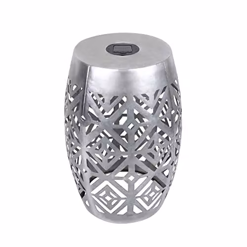 Teamson Home 2-in-1 Metal Round Garden Side Table and Solar Powered LED Lantern in Silver – 2