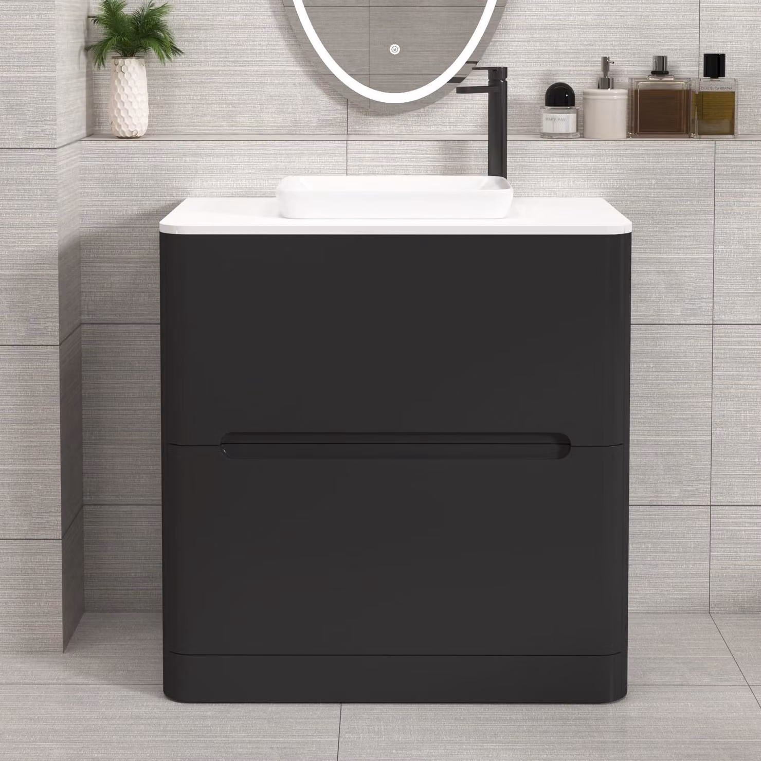 Royal Bathrooms Venice 800mm Matt Nocturne Black Floor Standing 2 Drawer Vanity Unit with Plain White Worktop and Qubix Basin