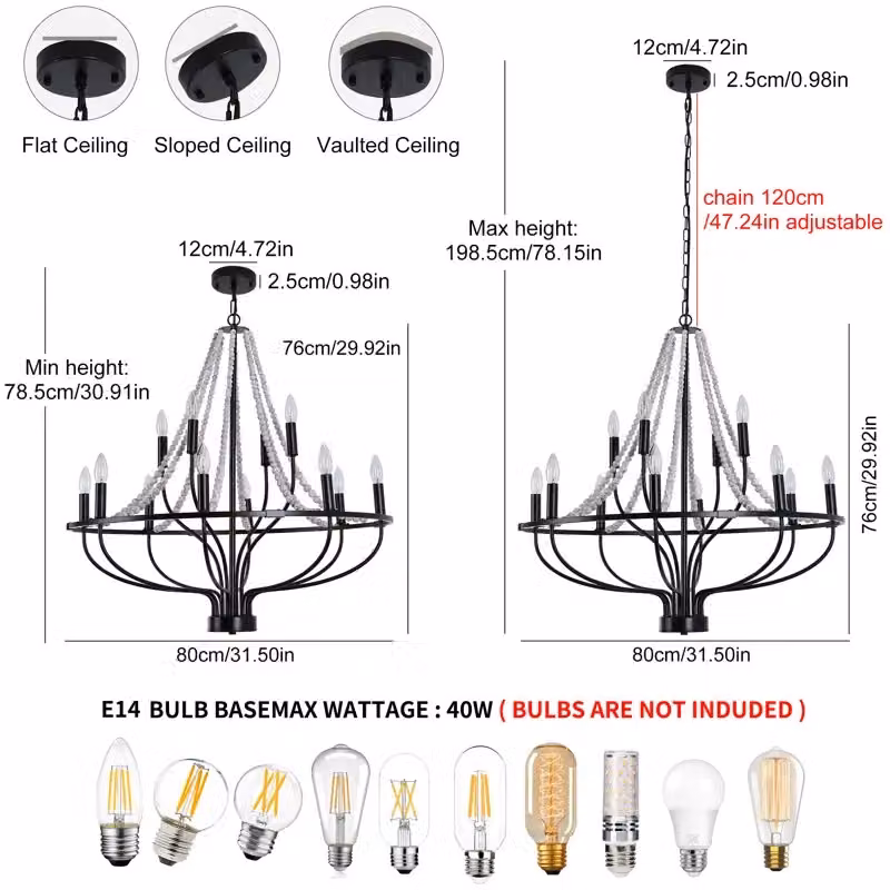 Garwarm 12-Light Dimmable Rustic Wagon Wheel Chandelier with Beaded Accents in Black and Wood – 4