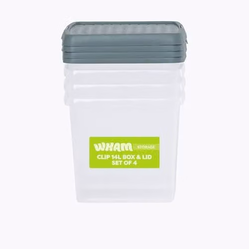 Wham 4 x 14L Square Stackable Plastic Storage Boxes with Lids, Transparent and Green – 1