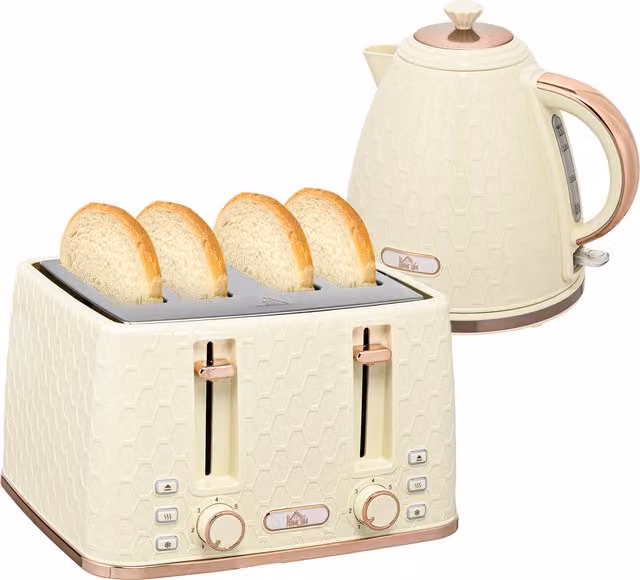 HOMCOM Cream Kettle and 4 Slice Toaster Set with 1.7L Fast Boil Jug and 7 Browning Levels