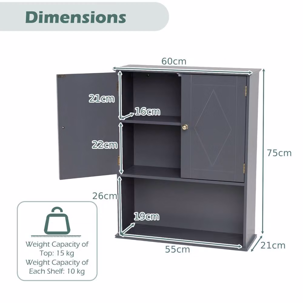 Costway Grey Wall Mounted 2-Door Bathroom Cabinet with Internal Shelves – 2