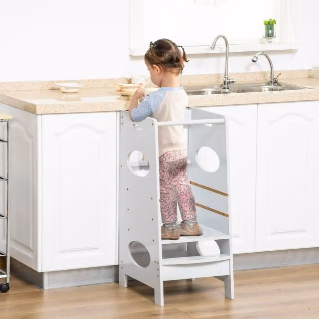 HOMCOM Adjustable Toddler Standing Tower with Safety Rail in Grey