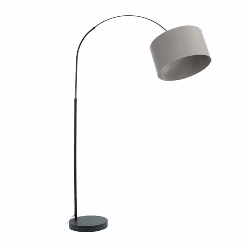 ValueLights Louis Black Metal Arched Floor Lamp with Grey Fabric Drum Shade