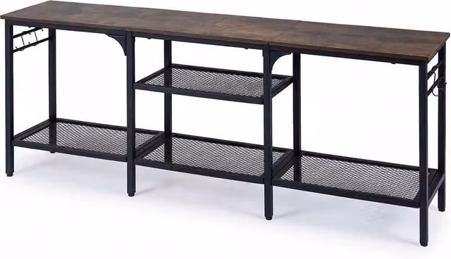 FORGEVIO Industrial Media Console Table in Brown with Metal Mesh Shelves and 4 Hanging Hooks, W: 140 cm, D: 56 cm, H: 300 cm – 1