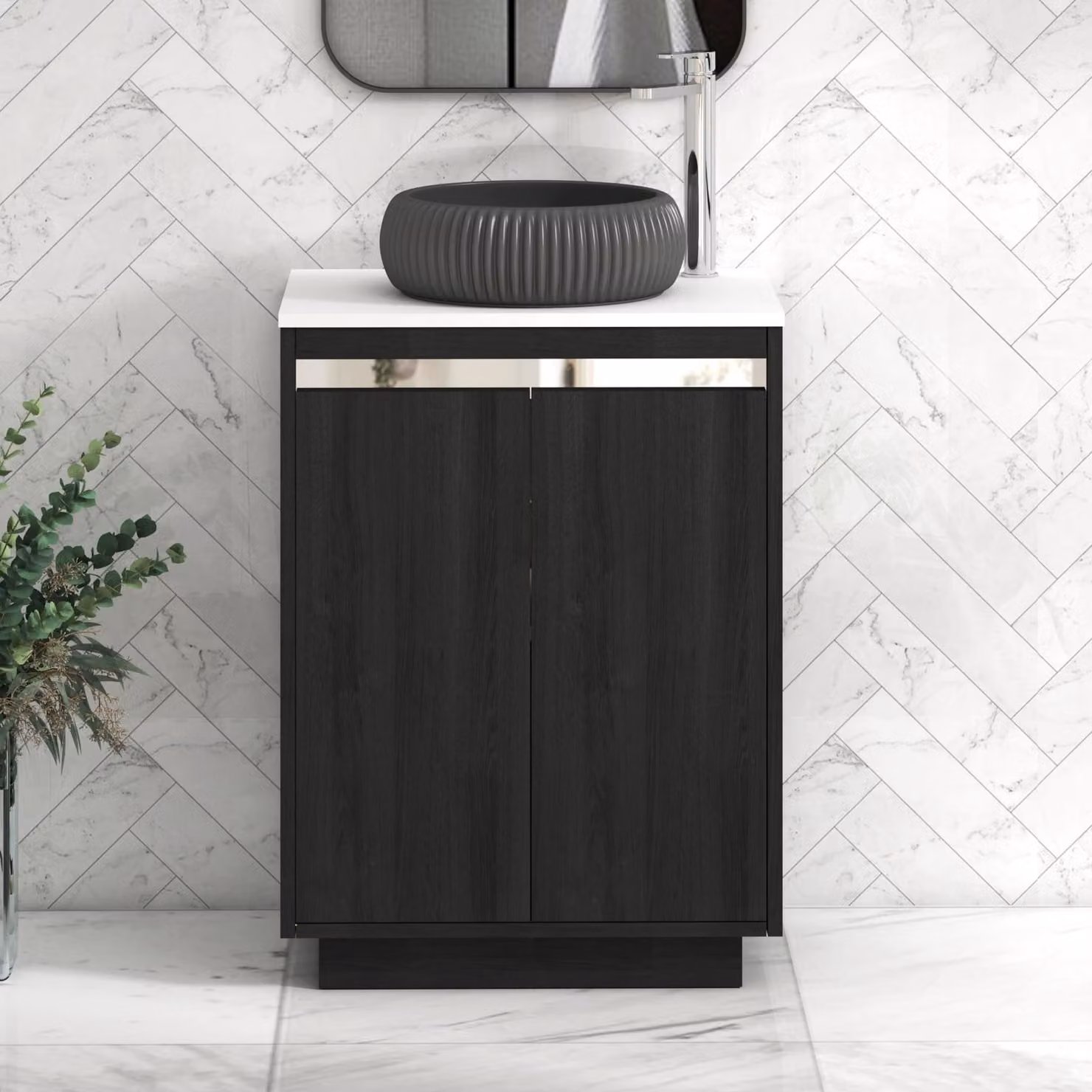 Royal Bathrooms Orion 600mm Hale Floor Standing Vanity Unit with Milan Black Basin and Chrome Accent Trim, White and Black