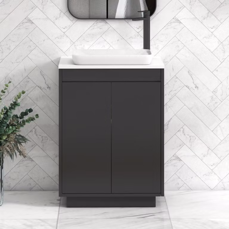 Royal Bathrooms Orion 600mm Matt Obsidian Black and Plain White Floor Standing 2 Door Vanity Unit with Qubix Basin and Black Accent Trim