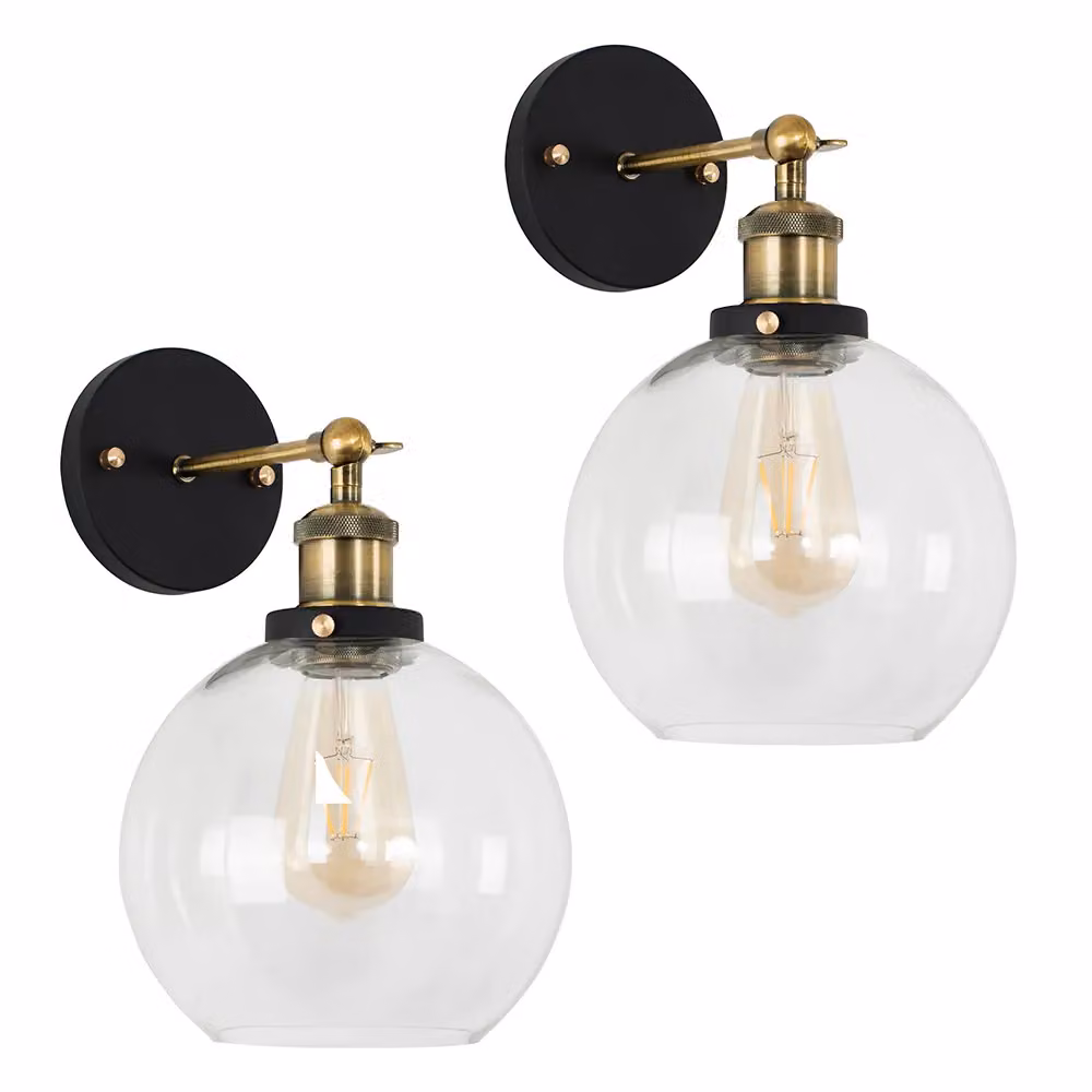 ValueLights Sheridan Pair of Industrial Black and Gold Wall Lights with Transparent Glass Bowls and LED Bulbs – 2