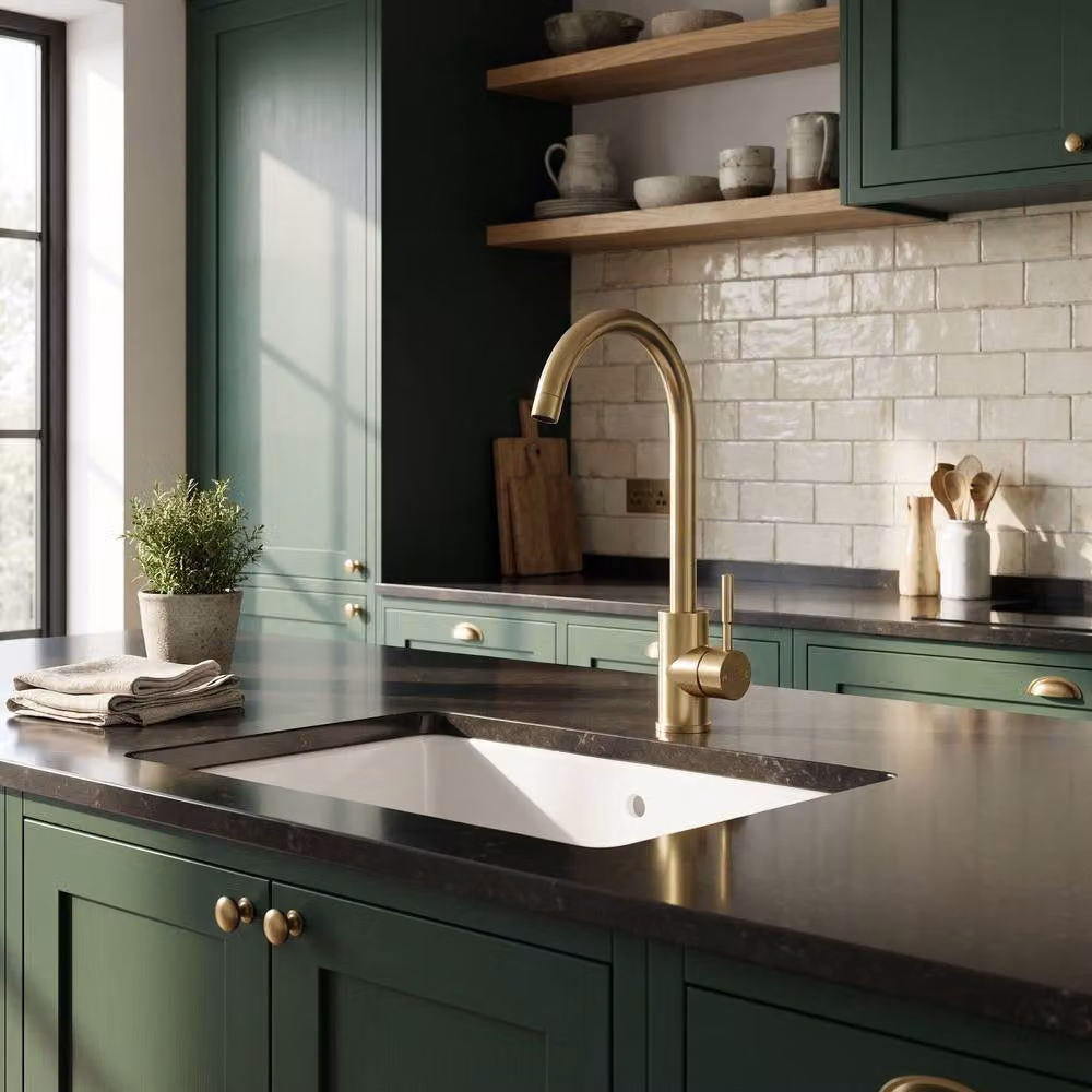 Balterley Round Kitchen Sink Mixer Tap, Brushed Brass, H 35.5 cm x W 23.7 cm x D 20.0 cm – 2