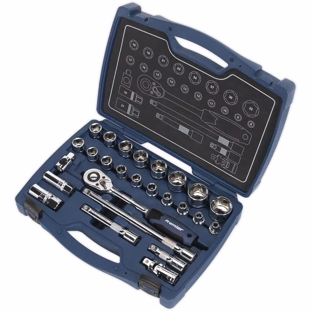 Loops 26pc Premium Deep Socket and Ratchet Handle Set, 1/2 inch Square Drive, 6 Point Metric, Chrome Vanadium Steel, Silver and Multicolour – 4