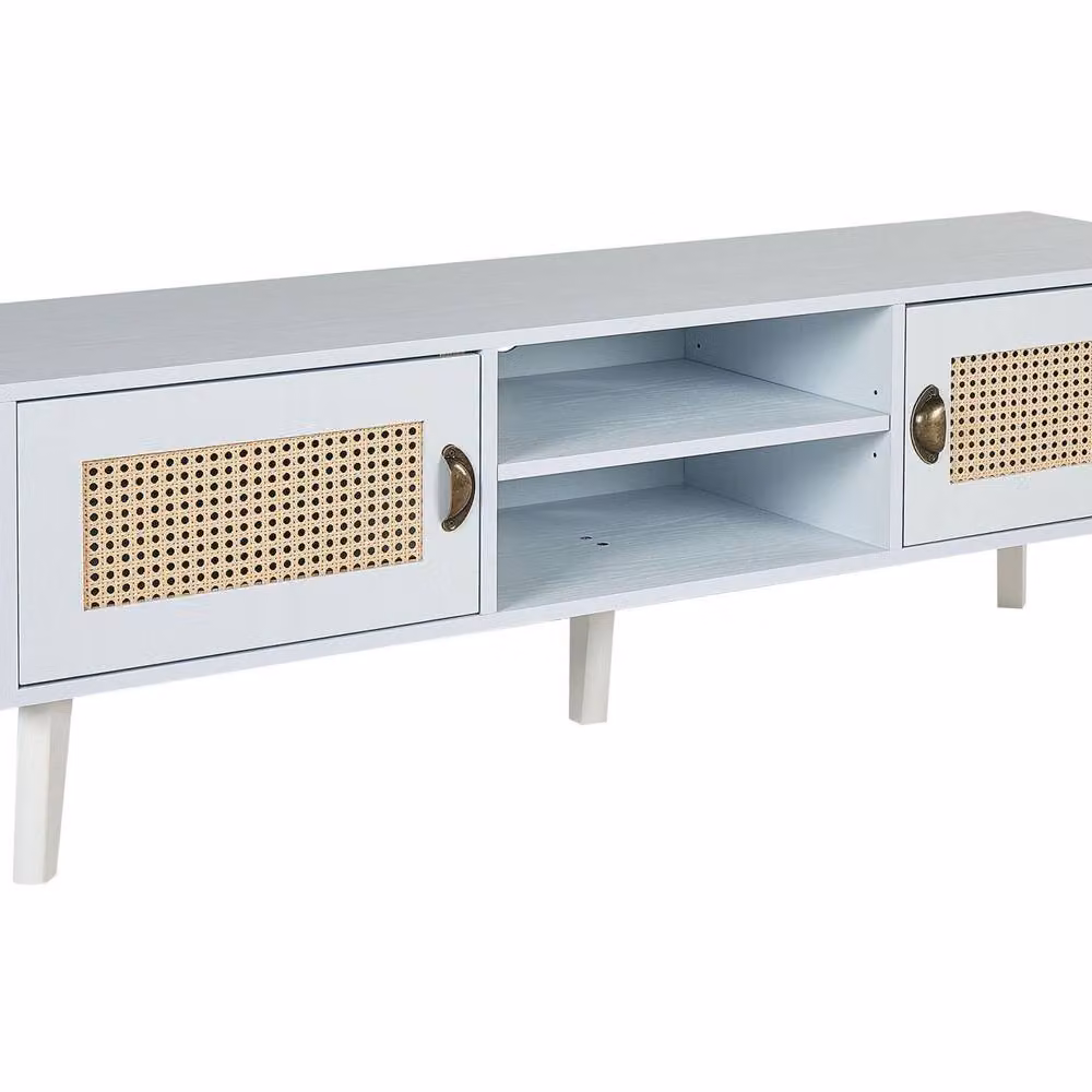 Wyld and Coco Vintage TV Stand in White and Beige with Faux Rattan MDF Fronts – 2