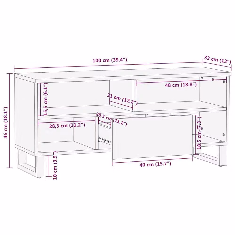 Berkfield Home Modern TV Cabinet in Brown Mango Wood and Black Metal, W: 100 cm, D: 46 cm, H: 33.5 cm – 7