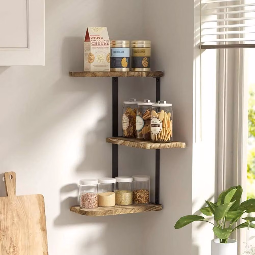 Kelvenix 3 Tier Industrial Corner Wall Mounted Iron Pipe Shelf in Brown – 3