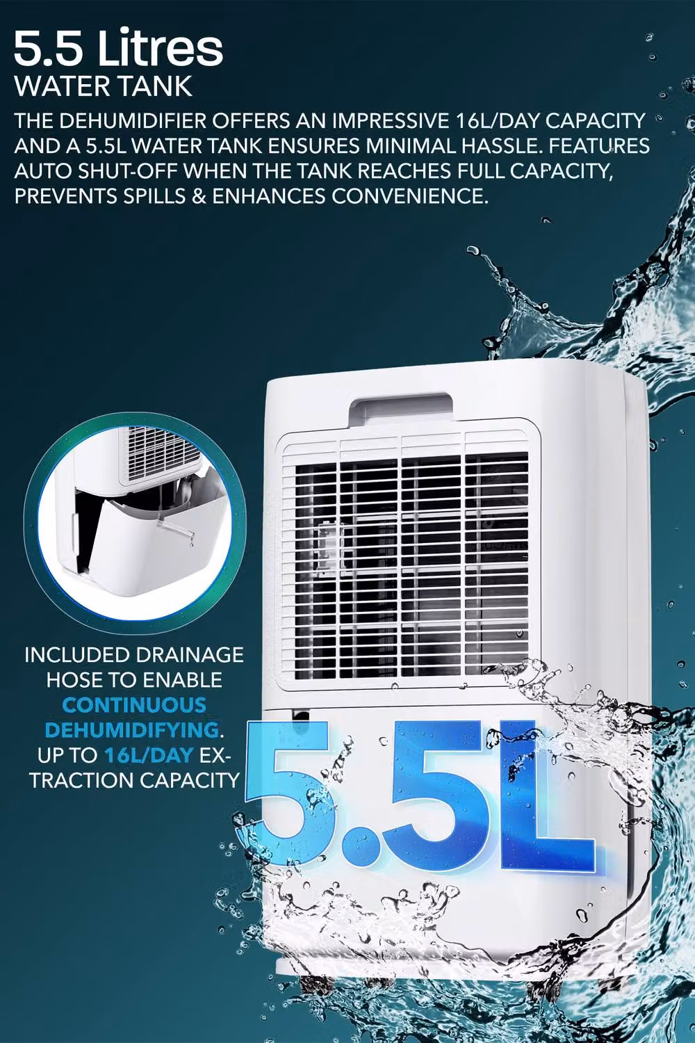 MONHOUSE Digital Dehumidifier in White with Sleep Mode, 24H Timer and Continuous Drain, 16L/Day Capacity – 7