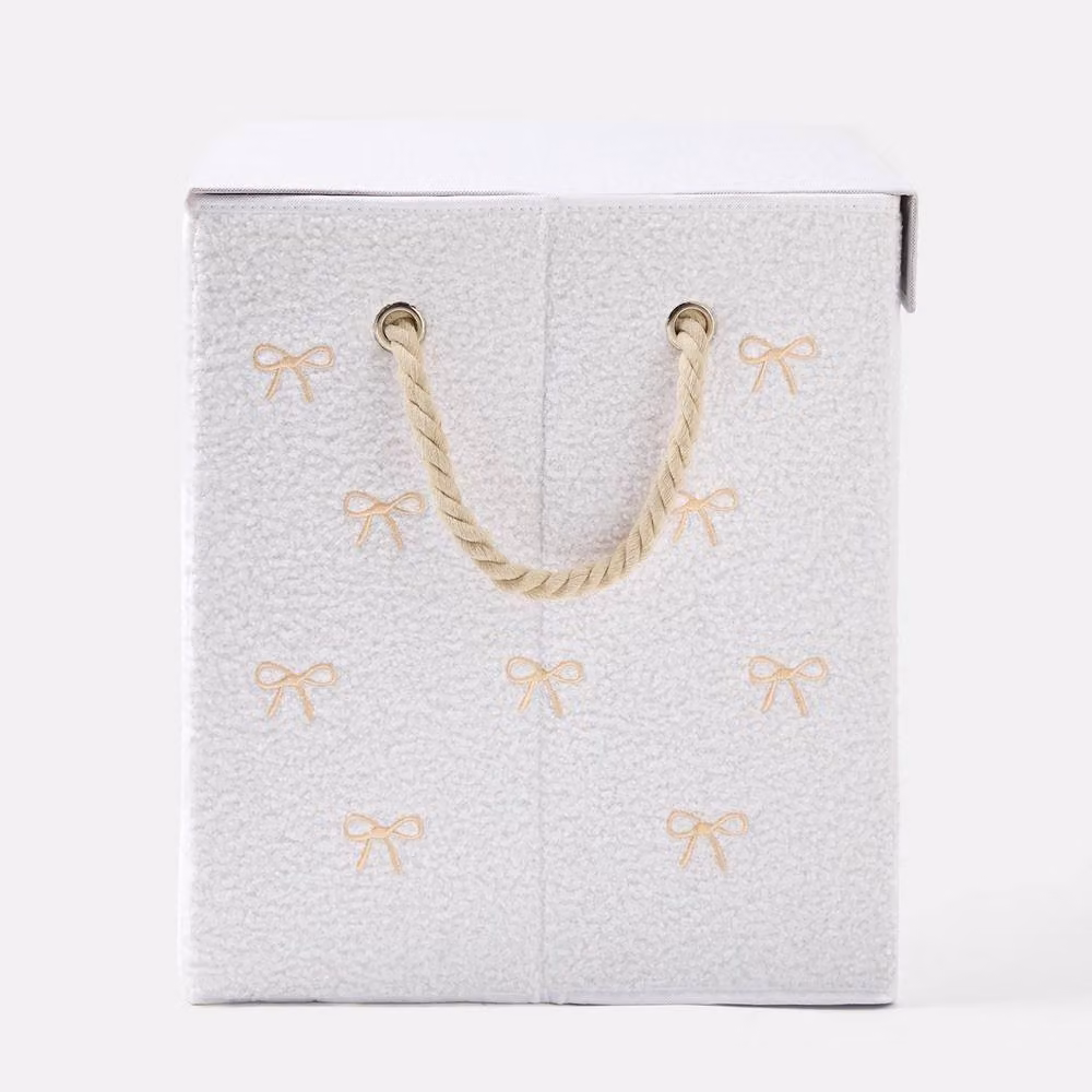 OHS White Bow Print Boucle Folding Laundry Basket Hamper Bag with Lid – 2