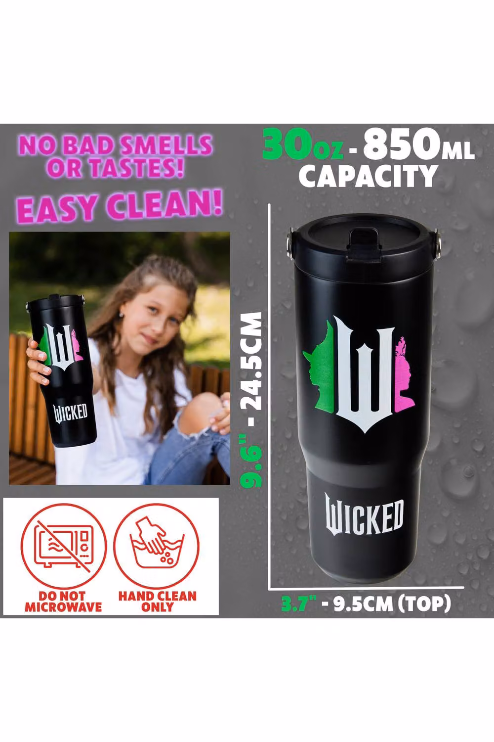 Get Trend Wicked Insulated Metal Travel Tumbler with Flip Up Straw and Handle, 850ml, Black – 12