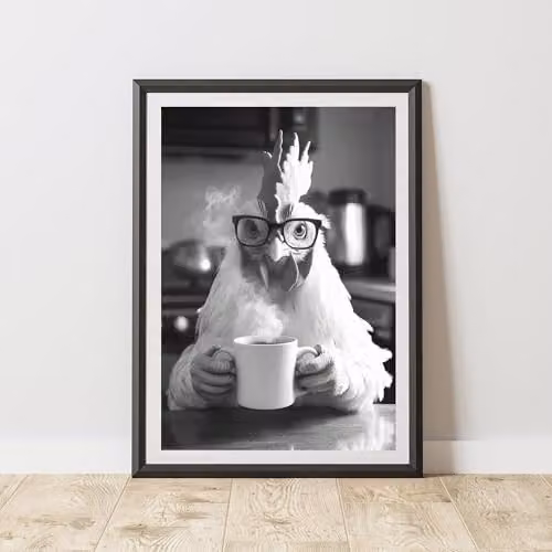 60 Second Makeover Limited Funny Chicken Drinking Coffee Illustration Paper Poster, A4, Multicolour