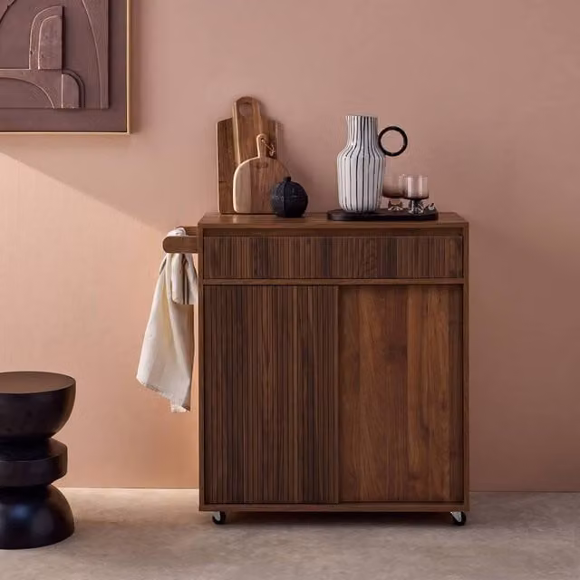 Sweekeek Scandinavian Style Wood Kitchen Cart in Dark Brown with 1 Drawer, 2 Doors and 4 Wheels – 1
