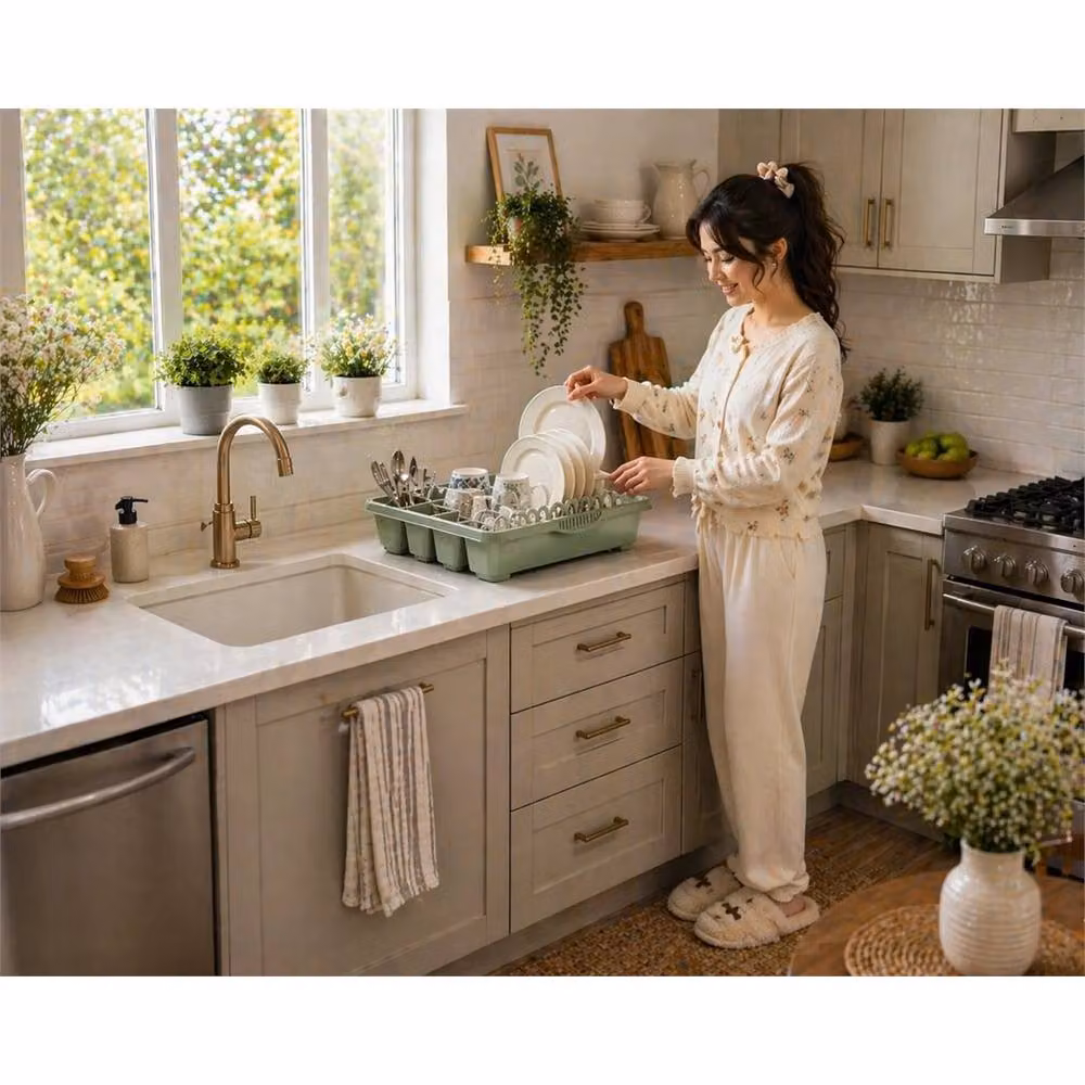 PAWNORA Green Sage Dish Drying Rack and Cutlery Holder – 3
