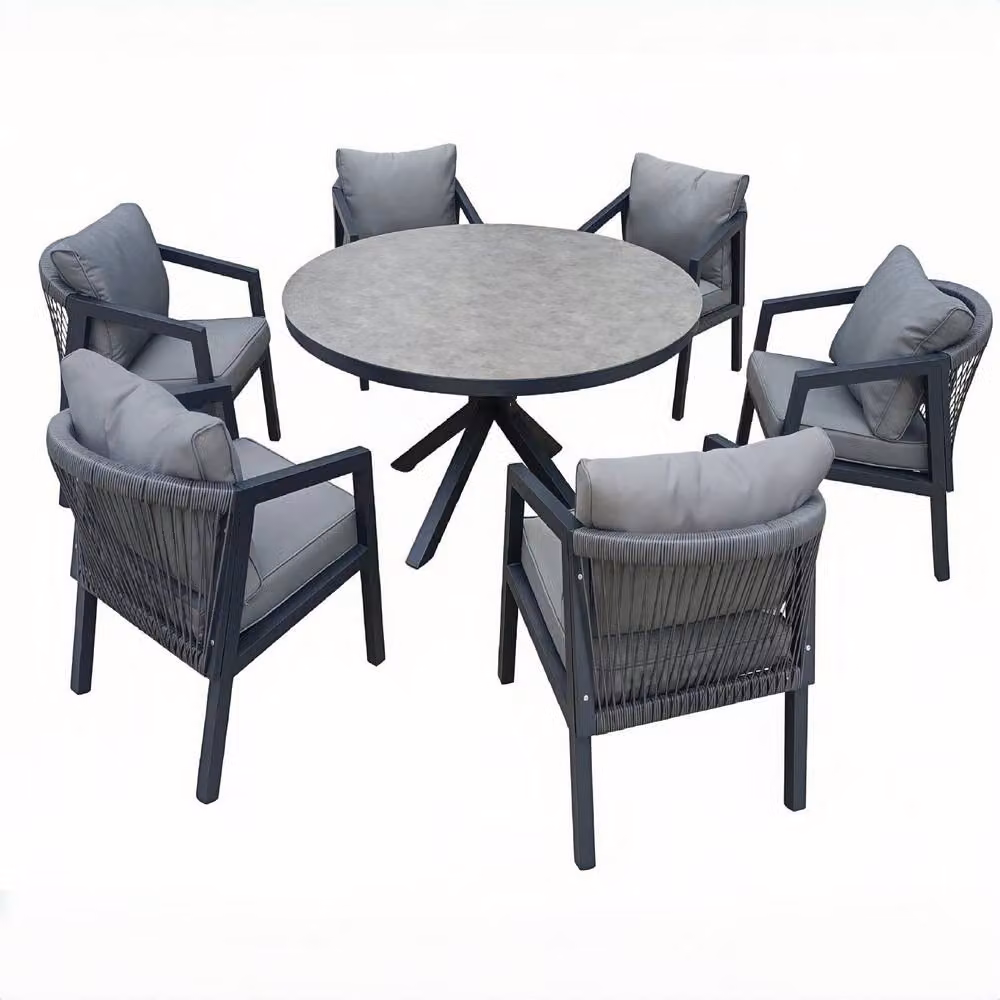 FURNITURE ONE 6 Seater Aluminium Garden Dining Set in Grey and Beige with Round Glass Top, Diameter: 145 cm – 2
