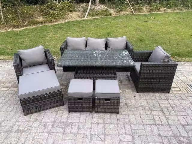 Fimous 8 Seater Outdoor Rattan Garden Furniture Set with Adjustable Lifting Dining Table in Dark Grey