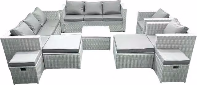 Fimous Garden 12 Seater Rattan Outdoor Furniture Set in Grey with Upholstered Cushions, Coffee Table and Ottomans