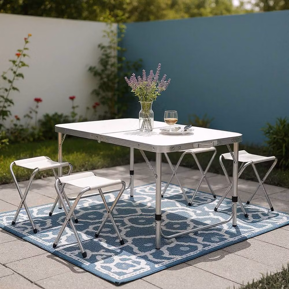 Living and Home Portable Folding Picnic Table and 4 Stools Set in White Powder Coated Aluminium – 3